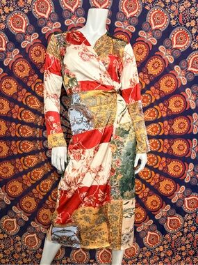 SHEIN Patchwork Floral Wrap Midi Dress in Red, Cream & Gold